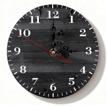 Imagem de Relógio de parede de madeira preto rústico, silencioso, sem tique-taque, operado por bateria para sala de estar, cozinha, quarto – design vintage de casa de fazenda, 18 cm