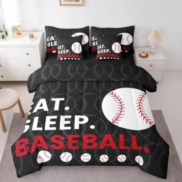 Imagem de Erosebridal Jogo de cama solteiro com tema de softball, 7 peças, preto, cinza, com lençol com estampa de jogos esportivos, conjunto de cama em uma bolsa, para homens e adolescentes