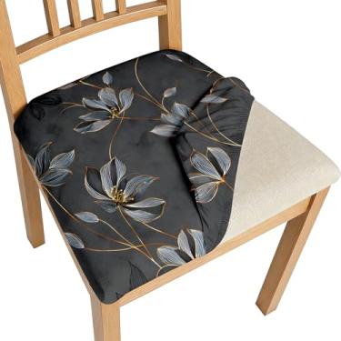 Imagem de BVBOX Conjunto de 4 capas de assento para cadeiras de sala de jantar, elásticas, multiestilos, capas de cadeira de jantar, laváveis e removíveis, protetores de assento (Midnight Gold Line Floral