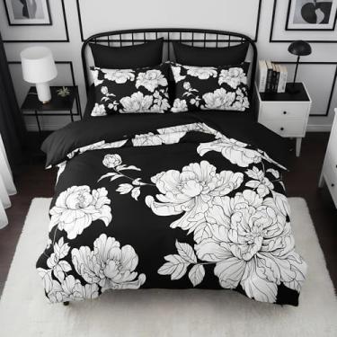 Imagem de CCoutueChen Conjunto de edredom floral preto, tamanho Queen, conjunto de cama botânico, preto e branco, para mulheres, colcha de microfibra macia e fofa com 2 fronhas (90 x 90)