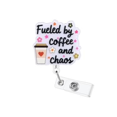 Imagem de Fueled by Coffee and Chaos Carretel retrátil para crachá engraçado com tema de café com design de glitter, clipe retrátil para crachá de identificação, trabalho, crachá, amigo para escritório, barista