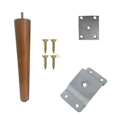 Imagem de Kit Pés Palito 15cm Madeira Para Móveis + Suporte + Parafusos Sofá Poltrona Puff (+ Suporte Inclinado, 6 pés)
