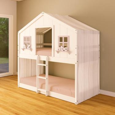 Imagem de Beliche Montessoriano Casinha Dos Sonhos Com Cortina Madeira Maciça Branco/rosa Housin