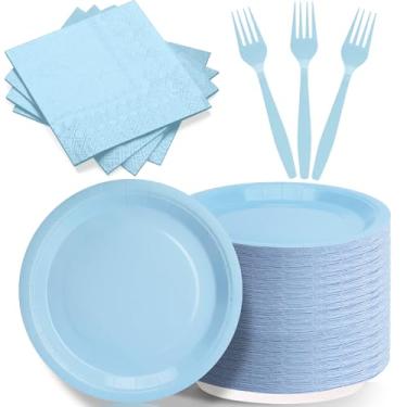 Imagem de Pratos e guardanapos de festa azul claro, inclui 18 cm descartável bebê azul prato sobremesa guardanapos garfos suprimentos de festa para aniversário, chá de bebê, casamento, piqueniques decorações de