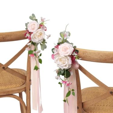 Imagem de Ling's moment 8 decorações de cadeiras artificiais para corredor de casamento, arranjos de cadeiras com fitas de chiffon pétala rosa para cerimônia, recepção, cadeira traseira, decoração floral
