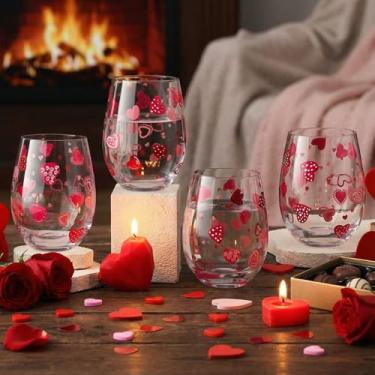 Imagem de Yungyan 4 peças de taças de vinho pintadas à mão para Dia dos Namorados Taça de vinho vermelha rosa corações sem haste 510.3 g Galentines Heart Drinking Glasses Presente de Dia dos Namorados para