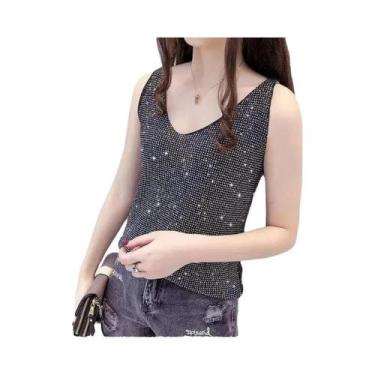 Imagem de Camisola Feminina Sem Mangas com Decote V - Lantejoulas - Top Curto pa