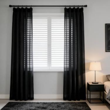 Imagem de Ftinala Cortina preta semitransparente, 2 painéis, 2 painéis, cortinas texturizadas temperamentais para sala de estar, tratamentos de janela de porta de vidro deslizante, folhas plissadas DIY com