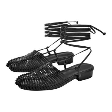 Imagem de pinokino Sandálias femininas de tecido rasteiras com tiras e bico fechado sapatos de verão confortáveis sem cadarço gladiador sem cadarço com salto baixo, Preto, 40