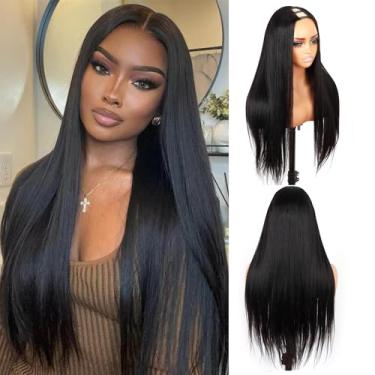 Imagem de Peruca em V Part Cabelo Humano 12A Peruca de Cabelo Humano Sem Cola Parte U Peruca com Clipe 66 cm 180% Densidade Meia Perucas para Mulheres Amigáveis para Iniciantes, Sem Costurar Sem Cola (Staight