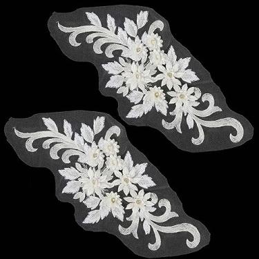 Imagem de GORGECRAFT 2 peças, aplique de flor branca 3D, costurado, lantejoulas, bordado floral, contas, costura, strass, tecido floral, tule, para roupas, vestido de casamento, decoração faça você mesmo,