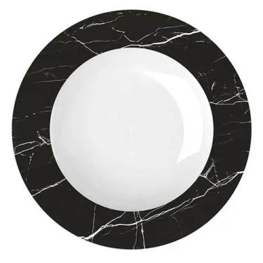 Imagem de Prato Porcelana Germer Fundo Preto Redondo 23cm Nero com Estampa Mármo