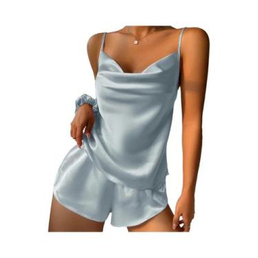 Imagem de Conjunto De Pijama Feminino Em Cetim Liso Com Top Cami Decote V E Shor