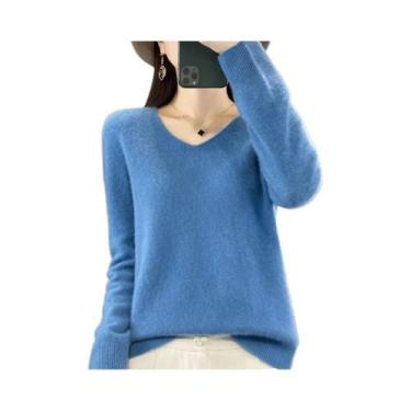 Imagem de Suéter Feminino De Lã Merino E Cashmere Com Decote Em V, Manga Longa, 