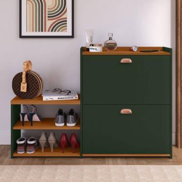 Imagem de Sapateira Vertical Milano 2 Gavetas Basculantes Prateleira Porta Calçados Banquinho Hall Entrada Canto Quarto Retrô - Verde/Cedro - RPM