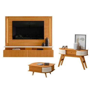 Imagem de Estante Home Theater Suspenso Gaia com Aparador Estoril e Mesa de Centro Indianápolis Cinamomo Off White – Madetec