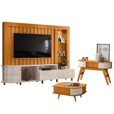 Imagem de Estante Home Theater Le Mans com Aparador Estoril e Mesa de Centro Indianápolis Cinamomo Off White – Madetec