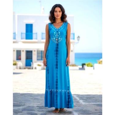 Imagem de Vestido Longo Indiano Alça Tie Die Bordado Em Viscose Azul - Haneef Co