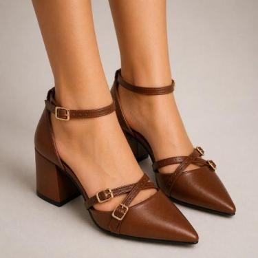 Imagem de Scarpin Sapato Feminino Slingback Salto Grosso Bico Fino Tiras de Five