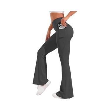 Imagem de Calças De Yoga Femininas De Cintura Alta Com Pernas Largas E Bolsos, L