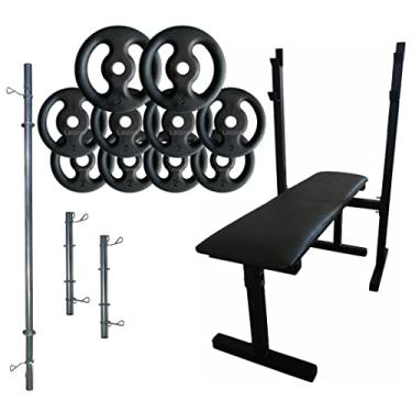 Imagem de Kit Anilhas 30kg + 2 Barras 40cm + Barra 150 + Banco Supino