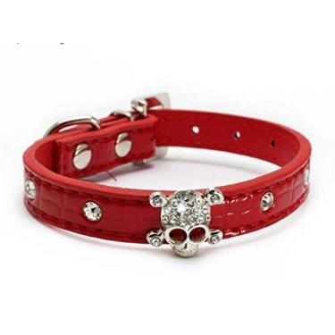 Imagem de Haoyueer Bonito deslumbrante cintilante elegante crânio diamante cristal strass couro pequeno animal de estimação cão gato coleira filhote de cachorro (vermelho, P)