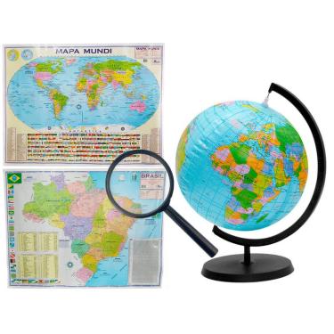 Imagem de Kit Globo Terrestre Inflável 17cm  + Lupa + Mapas do Brasil e Mundi 120x90cm Escolar Decorativo