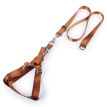 Imagem de Foern Conjunto de coleira e arnês de cabeça para cães, colete para cães com tecido de nylon ajustável, arnês para cães sem asfixia com anéis de liga para cães grandes e médios, marrom, 2,54 cm
