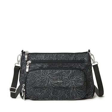 Imagem de Baggallini Bolsa tiracolo feminina original para uso diário, 27 x 18 cm, com proteção RFID, lavável, leve, de nylon, com zíper, Estampa Midnight Blossom, One Size