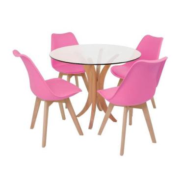 Imagem de Conjunto Mesa De Jantar Tampo De Vidro 90cm Com 4 Cadeiras Leda - Rosa