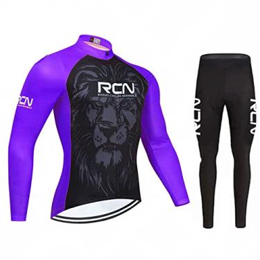 Imagem de Camisa masculina de ciclismo de inverno à prova de vento manga comprida + 3D acolchoada Bib calças térmicas de lã MTB terno de bicicleta quente, roxo, M (172 cm/65 kg)
