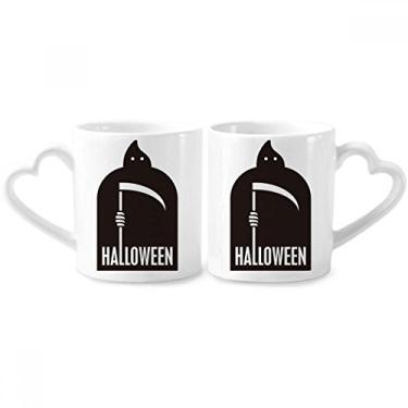 Imagem de Conjunto de canecas de porcelana para casais, azrael, preto, de Halloween, com alça de coração