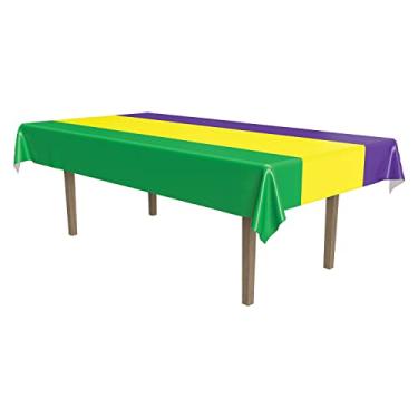 Imagem de Beistle 3 peças de toalhas de mesa retangulares de plástico para festa de baile de máscaras New Orleans Decorations, 137 x 274 cm, verde/amarelo/roxo