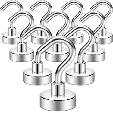 Imagem de Neosmuk Ganchos magnéticos, 12 kg + ímãs de terra resistentes com gancho para geladeira, gancho de cruzeiro extra forte para pendurar, cabide magnético para cabanas, grelha (branco prateado, pacote com 10)
