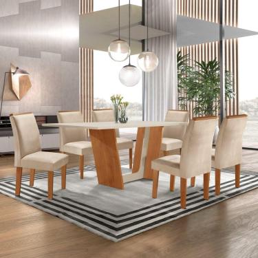 Imagem de Conjunto Sala de Jantar Mesa Tampo Dakota Plus 160x80cm com 6 Cadeiras Luisa Yescasa Cinamomo/Off White/Suede Pena
