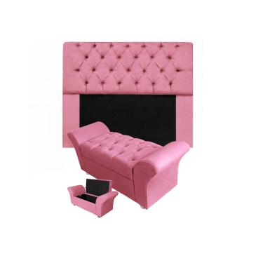 Imagem de Conjunto Cabeceira Mirage e Calçadeira Baú Veneza Casal 140 cm Suede Rosa Barbie - LM DECOR