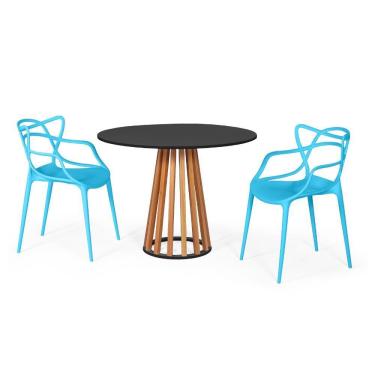 Imagem de Conjunto Mesa de Jantar Redonda Preta 100cm Talia Amadeirada com 2 Cadeiras Allegra - Azul