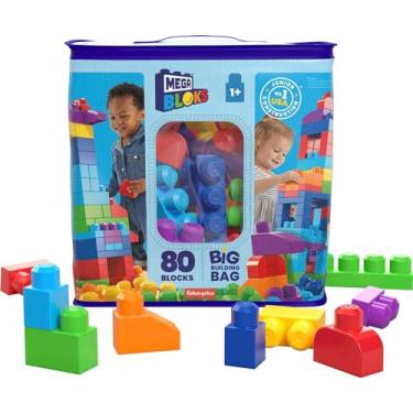 Imagem de MEGA BLOKS, Kit com Sacola Azul e 80 Blocos de Montar, Brinquedo de Construção, Pré-escola, A partir de 1 ano