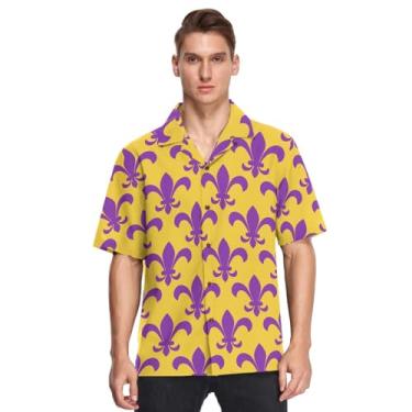 Imagem de GuoChe Camisas masculinas havaianas de botão manga curta Fleur De Lis Roxo Mardi Gras Fat Tuesday Camisas estampadas para hombres, Carnaval de carnaval roxo flor de lis amarelo, GG