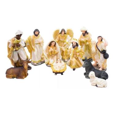 Imagem de Presépio Pequeno Completo Bege Brilhante 11 Peças - 12cm 