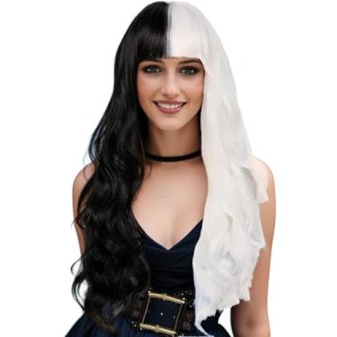 Imagem de IMISSU Meia peruca preta e branca ondulada feminina peruca encaracolada peruca cosplay lolita para festa de carnaval de halloween (Longo preto e branco)