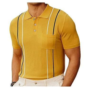 Imagem de Camisa polo masculina de cor lisa, listrada, manga curta, casual, de malha, lapela e botão, Amarelo, 3G