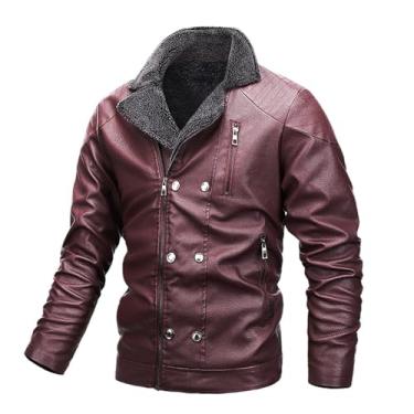 Imagem de Jaqueta masculina de lã, jaqueta de couro para motocicleta, fecho de zíper, gola lapela, casaco quente de inverno, Vinho tinto, 3G