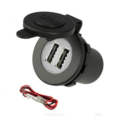 Imagem de DAMAVO YM1094 Carro Caminhão Barco 12V/24V Impermeável Duas 2 Portas USB Carregador de Carro Tomada Adaptador Plugue com Fusível de Fio Kit DIY Azul LED e Tampa para Marinha, Carrinho de Golf, Caminhão ATV Automotivo