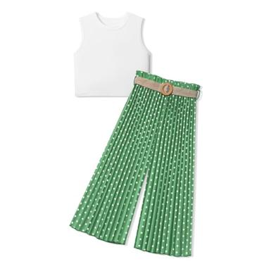 Imagem de BAVADER Roupas infantis de 7 a 14 anos para meninas, regatas caneladas + calça plissada de perna larga para meninas, roupas de verão de 2 peças, Blusa branca + calça verde, 15-16Y