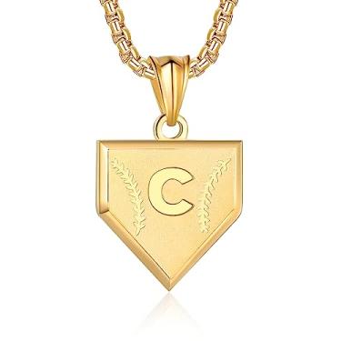 Imagem de Colar com inicial A-Z para meninos, aço inoxidável, com pingente de escudo de letras, corrente de 52 + 5 cm inspiradora de beisebol, joia de presente para homens, 1 x 0.86 inches, Ouro, Sem Pedra