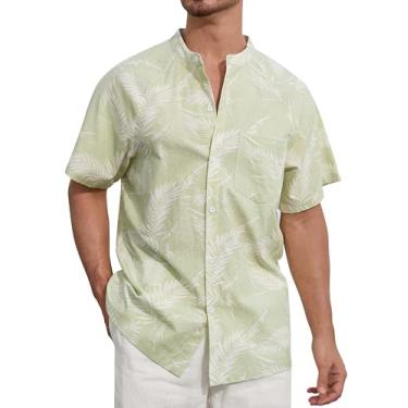 Imagem de SILKWORLD Camisa masculina casual de botão manga curta gola banda algodão linho camisa masculina Henley havaiana com bolso, 8a_folhas verdes, GG