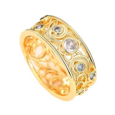 Imagem de Ganquya Aliança Solitária Feminina Banhado a Ouro Amarelo Filigrana Cúbica Zircônia Cúbica Aniversário Coquetel Aliança Solitária para Ela, Metal não precioso, Zircônia cúbica