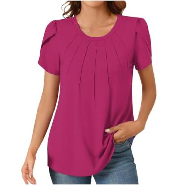 Imagem de Camisetas femininas folgadas longas gola redonda para mulheres divididas manga curta plissado verão outono camiseta 2024, B-086 Rosa choque, G