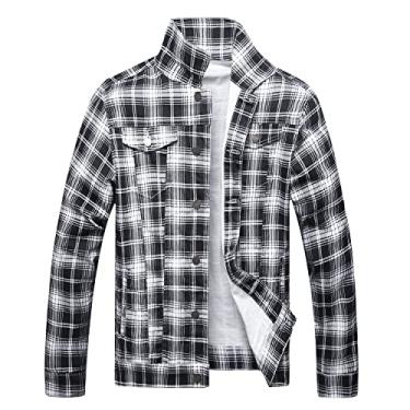Imagem de LAMKUKU Jaqueta jeans masculina rasgada slim jaqueta masculina, Xadrez preto e branco 5069, XXG